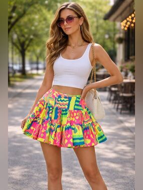 (K2) Vanessa Mooney sexy multicolor mini skirt with tiered ruffles, size S.